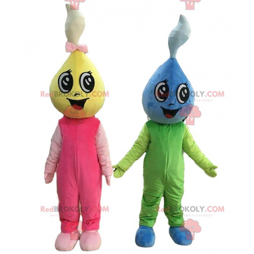 2 mascottes de gouttes d'eau colorées, costumes colorés -