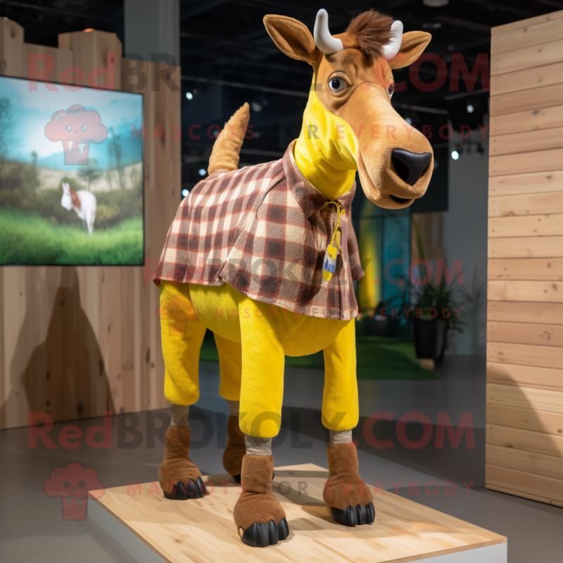 Yellow Okapi mascot costume character dressed with a Flannel Shirt and Foot pads