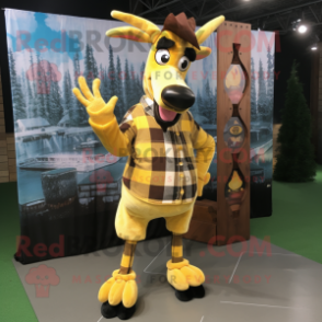 Yellow Okapi mascot costume character dressed with a Flannel Shirt and Foot pads