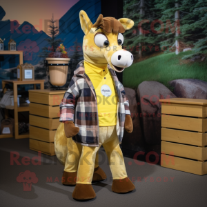 Yellow Okapi mascot costume character dressed with a Flannel Shirt and Foot pads