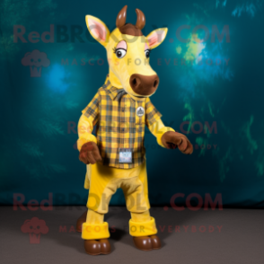 Yellow Okapi mascot costume character dressed with a Flannel Shirt and Foot pads