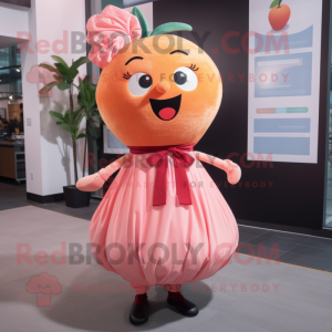 Peach Raspberry mascot costume character dressed with a Maxi Skirt and Tie pins