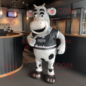 Silver Holstein Cow mascot costume character dressed with a Rugby Shirt and Suspenders