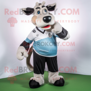 Silver Holstein Cow mascot costume character dressed with a Rugby Shirt and Suspenders