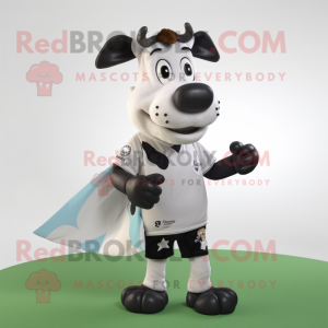 Silver Holstein Cow mascot costume character dressed with a Rugby Shirt and Suspenders