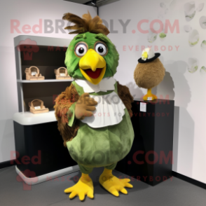 Olive Fried Chicken mascot costume character dressed with a Pleated Skirt and Coin purses