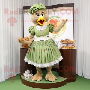 Olive Fried Chicken mascot costume character dressed with a Pleated Skirt and Coin purses