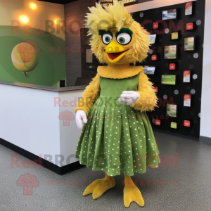 Olive Fried Chicken mascot costume character dressed with a Pleated Skirt and Coin purses