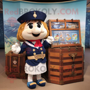 Navy Treasure Chest mascot costume character dressed with a Mini Skirt and Tote bags