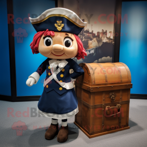 Navy Treasure Chest mascot costume character dressed with a Mini Skirt and Tote bags