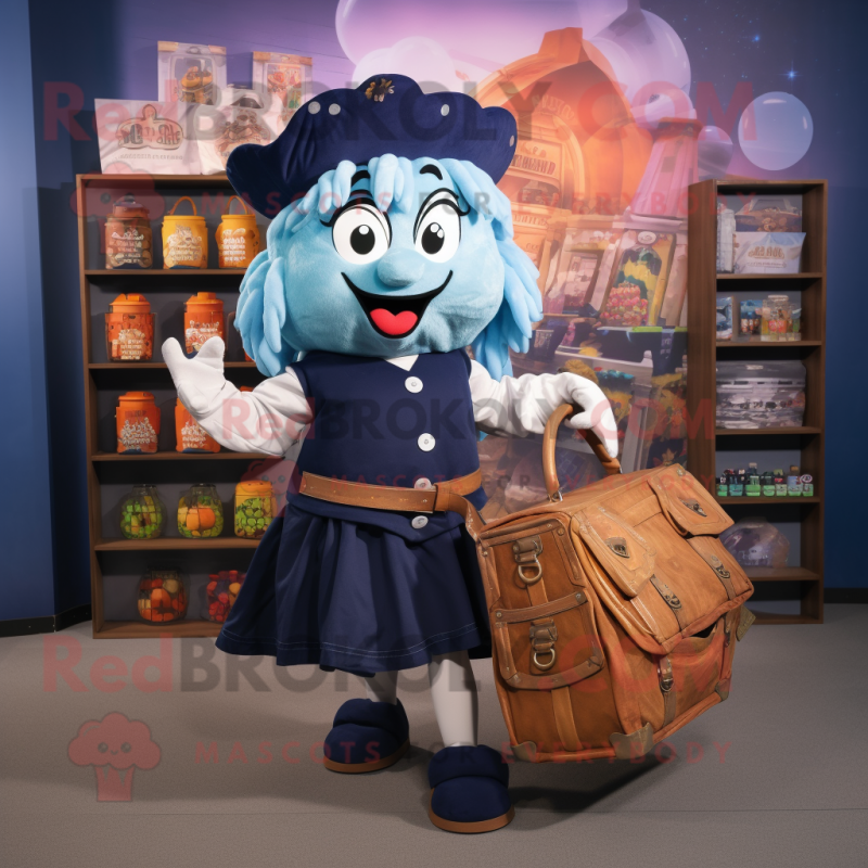 Navy Treasure Chest mascot costume character dressed with a Mini Skirt and Tote bags Navy Treasure Chest mascot costume character dressed with a Mini Skirt and Tote bags