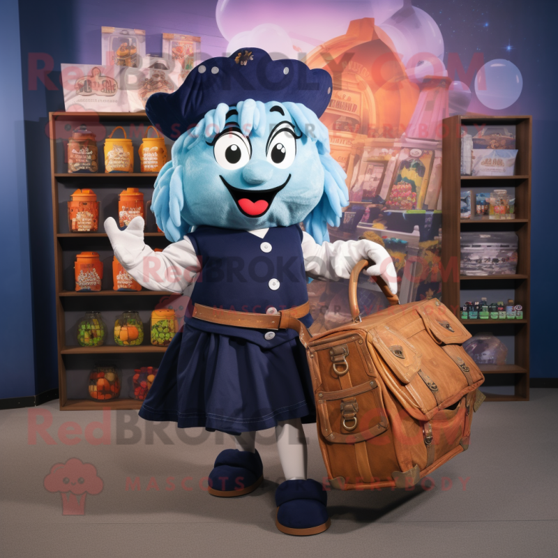 Navy Treasure Chest mascot costume character dressed with a Mini Skirt and Tote bags