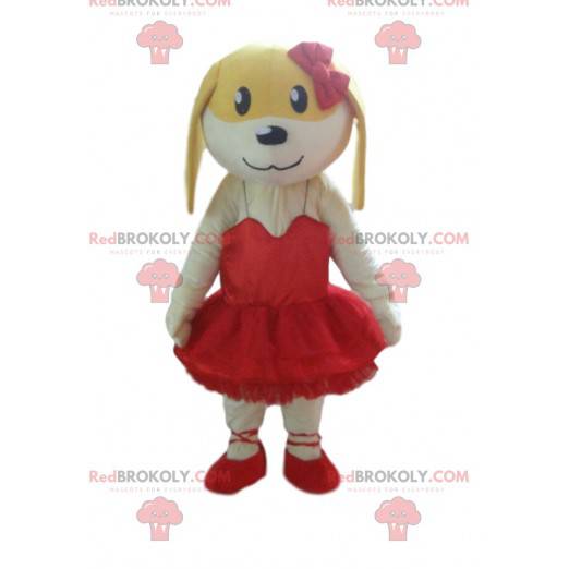 Yellow and white dog mascot in pink, bitch costume -