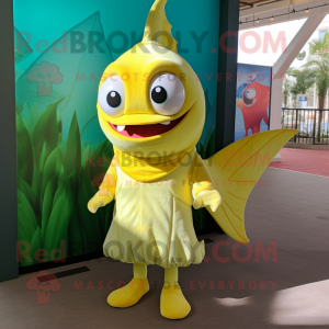 Lemon Yellow Swordfish mascot costume character dressed with a A-Line Skirt and Foot pads