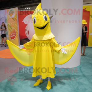 Lemon Yellow Swordfish mascot costume character dressed with a A-Line Skirt and Foot pads