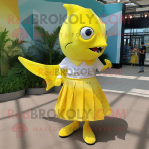 Lemon Yellow Swordfish mascot costume character dressed with a A-Line Skirt and Foot pads