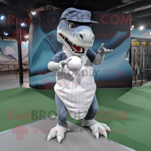 Gray Tyrannosaurus mascot costume character dressed with a Ball Gown and Caps