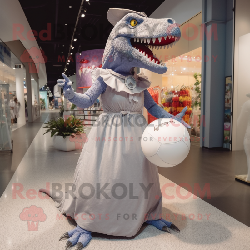 Gray Tyrannosaurus mascot costume character dressed with a Ball Gown and Caps