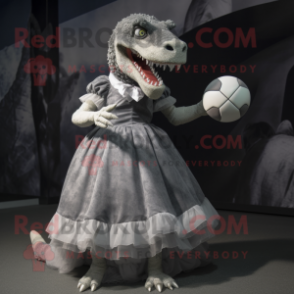 Gray Tyrannosaurus mascot costume character dressed with a Ball Gown and Caps