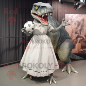 Gray Tyrannosaurus mascot costume character dressed with a Ball Gown and Caps