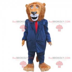 Mascotte de lion habillé d'un costume bleu, costume élégant -