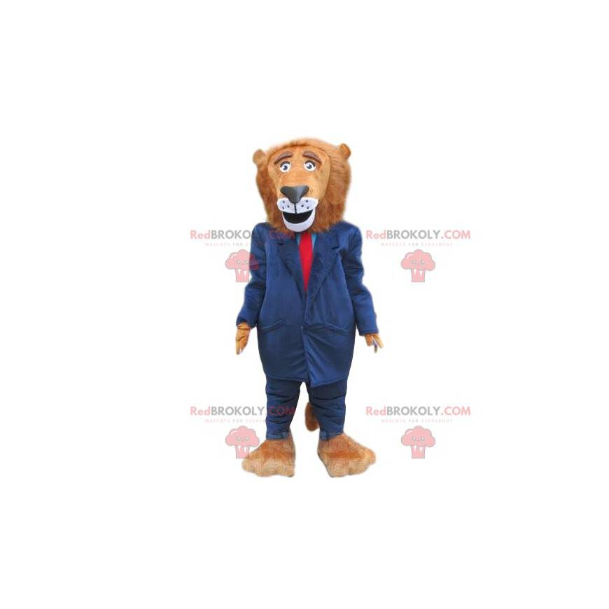 Lejonmaskot klädd i en blå dräkt, elegant dräkt - Redbrokoly.com