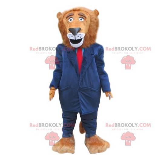 Lion mascot dressed in a blue costume, elegant costume -