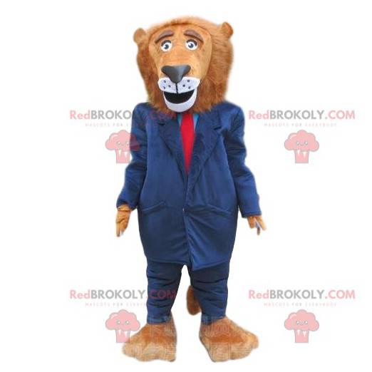 Maskot Lion oblečený v modrém kostýmu, elegantní kostým -