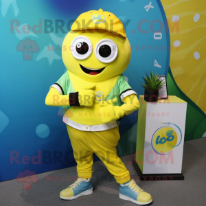 Lemon Yellow Pho mascot costume character dressed with a Oxford Shirt and Digital watches