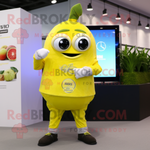 Lemon Yellow Pho mascot costume character dressed with a Oxford Shirt and Digital watches