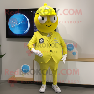 Lemon Yellow Pho mascot costume character dressed with a Oxford Shirt and Digital watches
