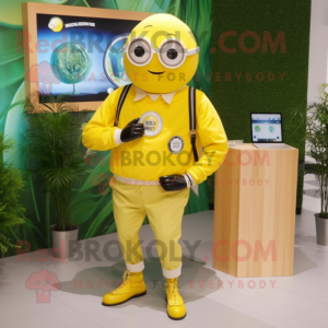 Lemon Yellow Pho mascot costume character dressed with a Oxford Shirt and Digital watches