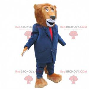 Mascotte de lion habillé d'un costume bleu, costume élégant -