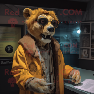 nan Smilodon mascot costume character dressed with a Jacket and Reading glasses