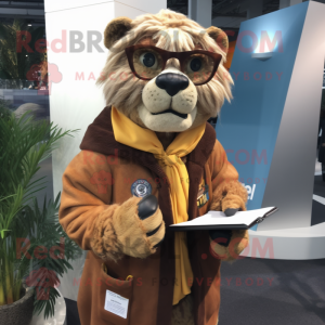 nan Smilodon mascot costume character dressed with a Jacket and Reading glasses