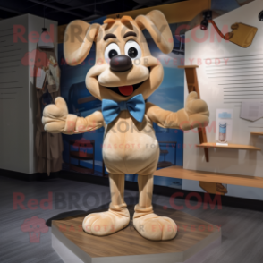 Tan Pendant mascot costume character dressed with a Denim Shorts and Bow ties