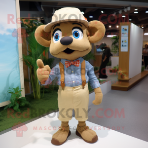 Tan Pendant mascot costume character dressed with a Denim Shorts and Bow ties