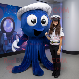 Navy Squid mascot costume character dressed with a Shift Dress and Watches