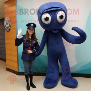 Navy Squid mascot costume character dressed with a Shift Dress and Watches