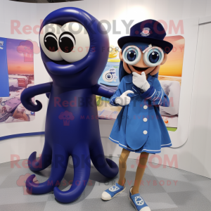 Navy Squid mascot costume character dressed with a Shift Dress and Watches