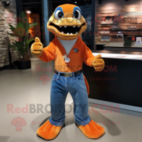 Orange Python mascot costume character dressed with a Flare Jeans and Lapel pins