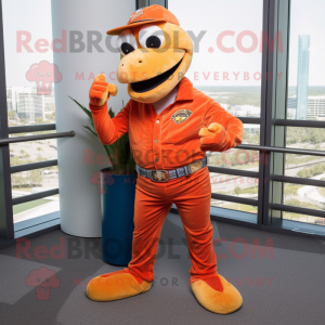 Orange Python mascot costume character dressed with a Flare Jeans and Lapel pins