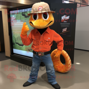 Orange Python mascot costume character dressed with a Flare Jeans and Lapel pins