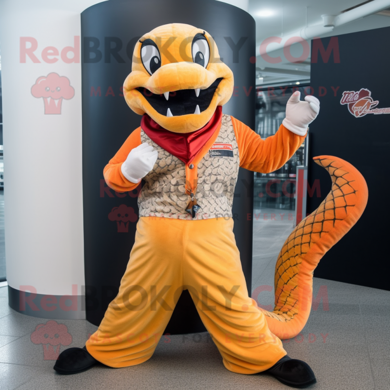Orange Python mascot costume character dressed with a Flare Jeans and Lapel pins Orange Python mascot costume character dressed with a Flare Jeans and Lapel pins