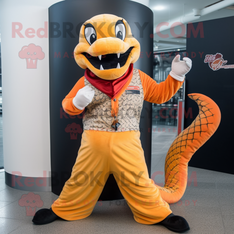 Orange Python mascot costume character dressed with a Flare Jeans and Lapel pins