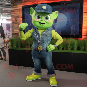 Lime Green Pot Of Gold mascot costume character dressed with a Denim Shirt and Smartwatches