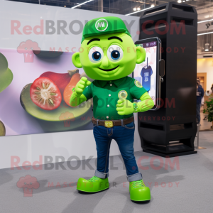Lime Green Pot Of Gold mascot costume character dressed with a Denim Shirt and Smartwatches