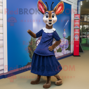 Navy Roe Deer mascot costume character dressed with a Midi Dress and Earrings