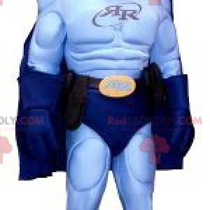Mascote super-herói em roupa azul - Redbrokoly.com