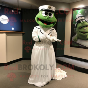 Green Baseball Glove mascot costume character dressed with a Wedding Dress and Hat pins